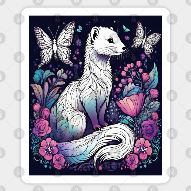 Ferret In Cottage Core and Filigree Style Art Sticker by BirdsnStuff